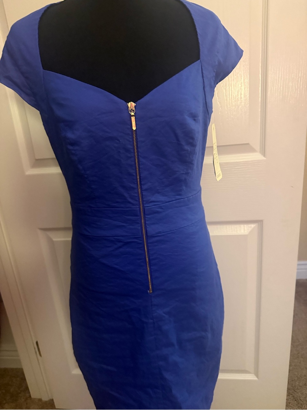 Royal Blue Cap-Sleeve Midi Sheath Dress with Exposed Gold Zip